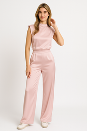 CATHARINA dames jumpsuit – satijnlook met open rug & wijde pijpen