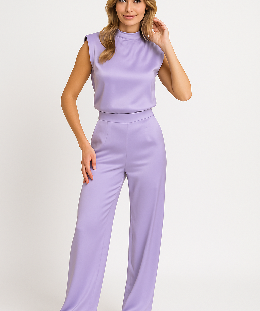 CATHARINA dames jumpsuit – satijnlook met open rug & wijde pijpen