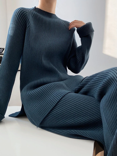 Dames ribgebreid lounge set – zacht tweedelig breisel met wijde pasvorm