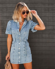 Denim Mini Jurk Dames – Spijkerjurk met Pofmouwen en Ceintuur van Zachte Gewassen Stof