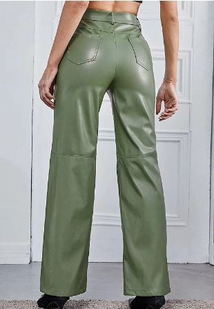 Dames Leren Broek – High-Waist Broek met Wijde Pijpen, Volledige Lengte & Zakken