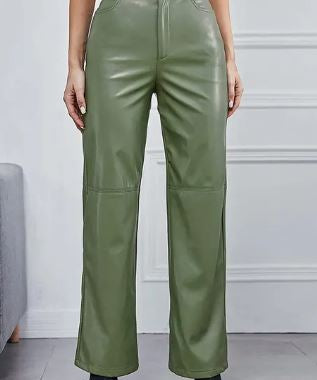 Dames Leren Broek – High-Waist Broek met Wijde Pijpen, Volledige Lengte & Zakken