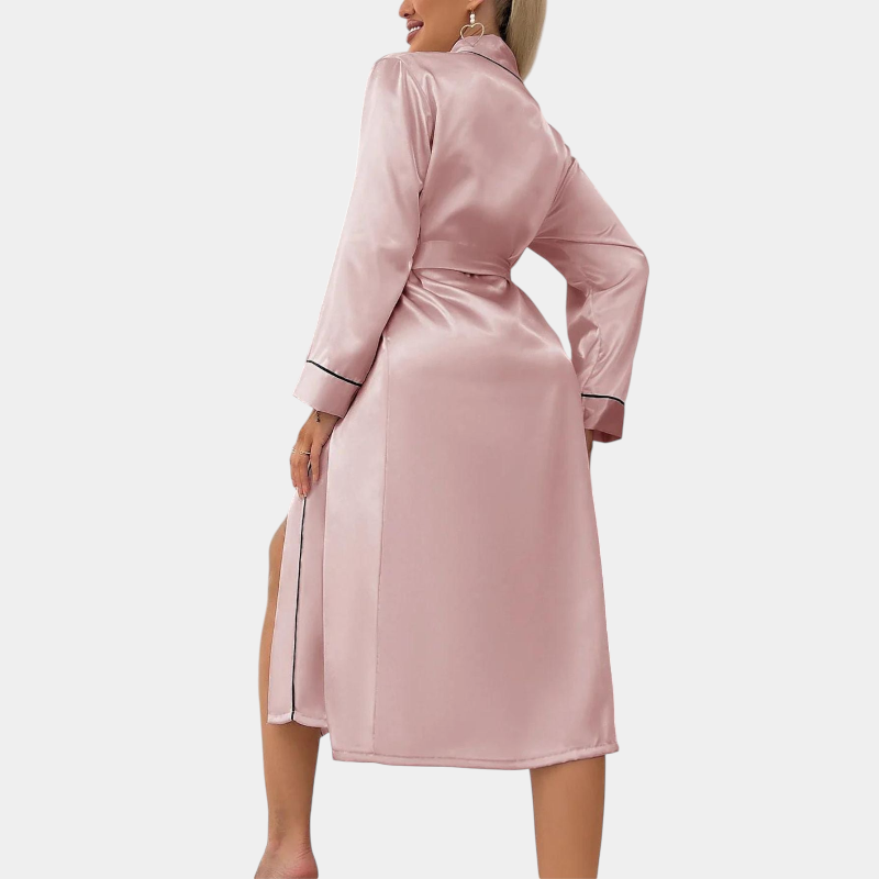 Gleame satijnen badjas dames – elegante kamerjas met V-hals & ceintuur