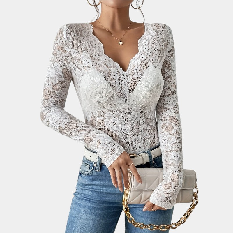 Gleame kanten top dames – elegante V-hals met lange mouwen
