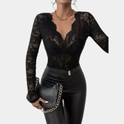 Gleame kanten top dames – elegante V-hals met lange mouwen