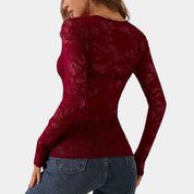 Gleame kanten top dames – elegante V-hals met lange mouwen