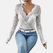 Gleame kanten top dames – elegante V-hals met lange mouwen