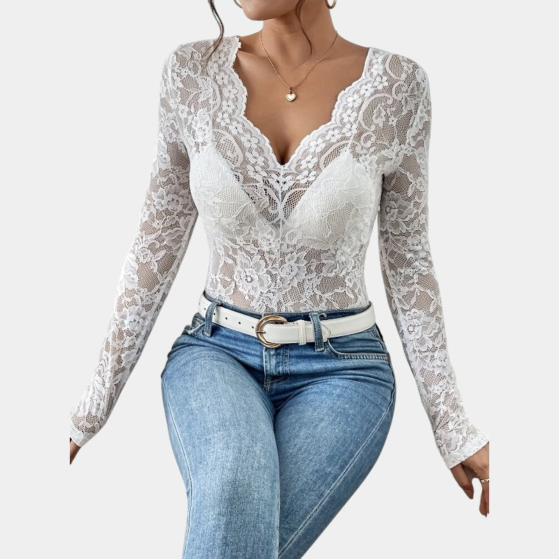 Gleame kanten top dames – elegante V-hals met lange mouwen