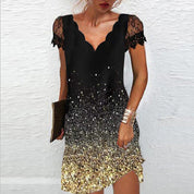 Lucia glitter zomerjurk dames | Glamour feestjurk met kanten mouwen en V-hals