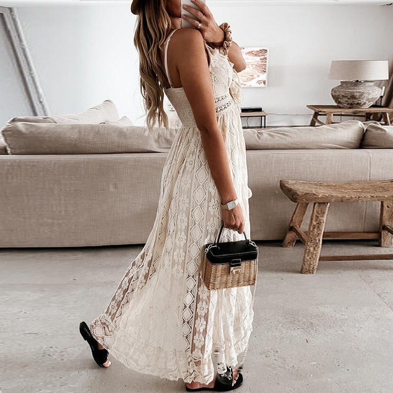 Mara Maxidress – Elegante Boho Zomerjurk met V-Hals en Unieke Details