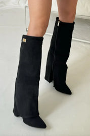 Dameslaarzen met blokhak – kniehoog suède of leren model met gespje