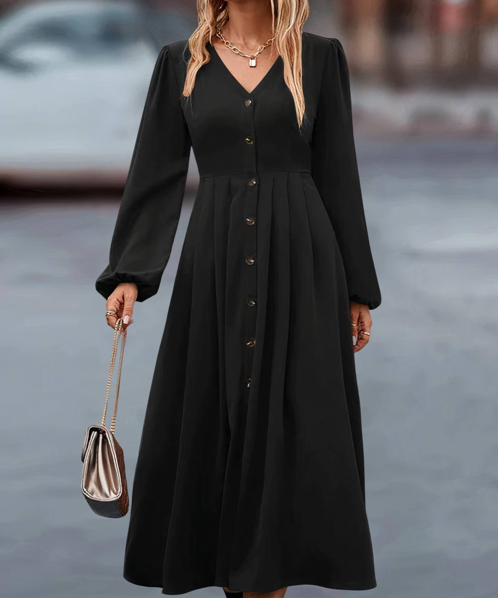 Amira Maxi Herfstjurk – Lange Damesjurk met V-Hals en Knoopsluiting