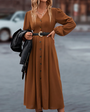 Amira Maxi Herfstjurk – Lange Damesjurk met V-Hals en Knoopsluiting