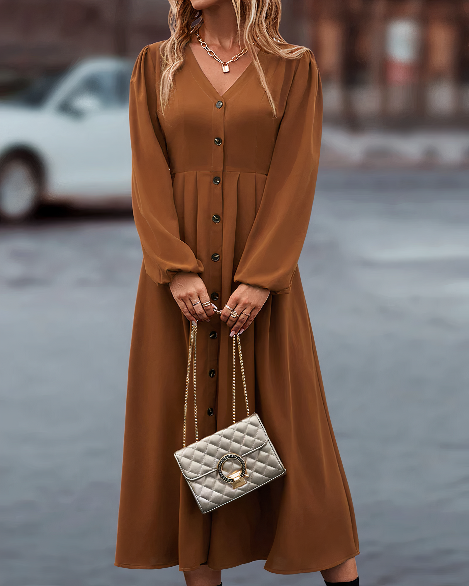 Amira Maxi Herfstjurk – Lange Damesjurk met V-Hals en Knoopsluiting