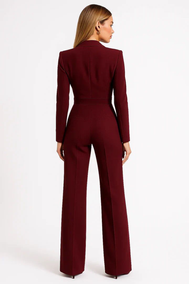 Luxe blazer jumpsuit dames – elegante V-hals jumpsuit met wide-leg pasvorm