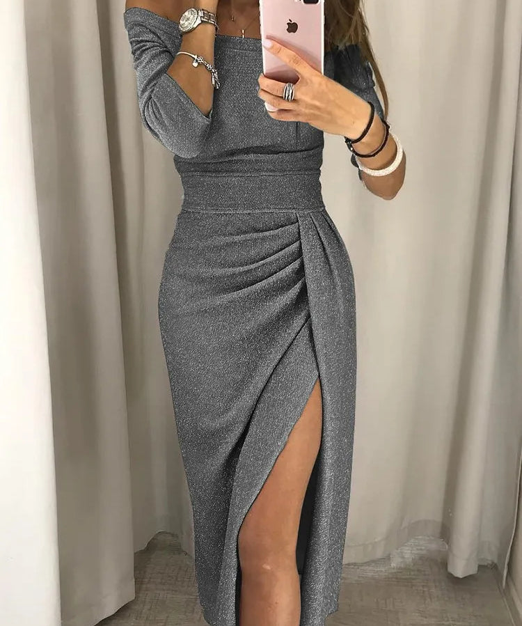 Elegante Glamourjurk Dames – Maxi-jurk met Split en Stijlvolle Plooien