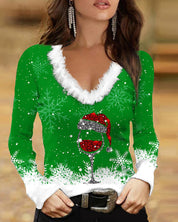 Mirelle kersttrui dames – V-hals trui met wijnglas print & fluffy kraag