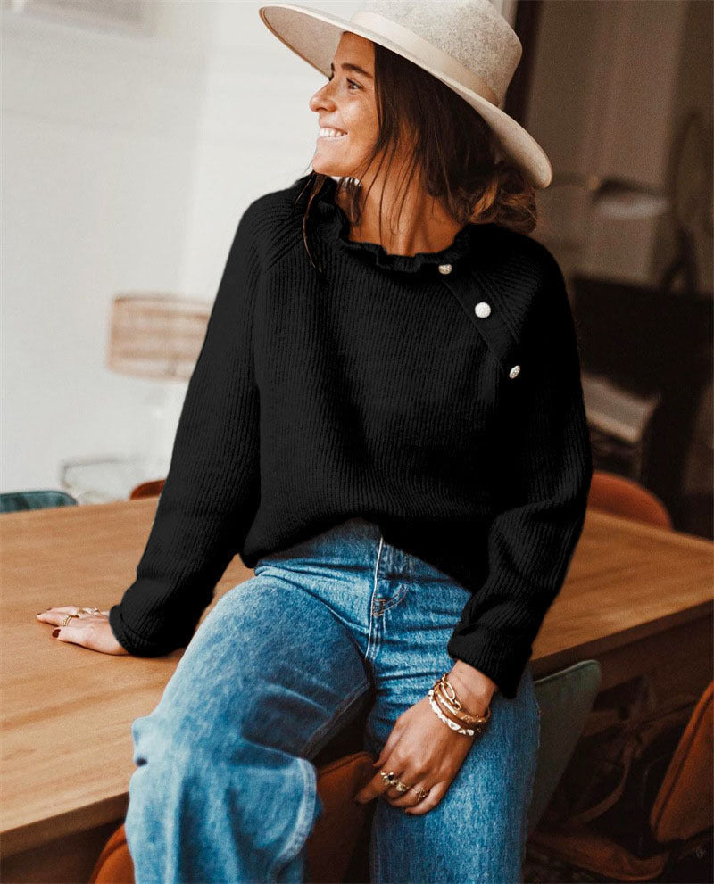 Damestrui Wolmix – Relaxte Pasvorm met Rufflekraag en Knoopdetails