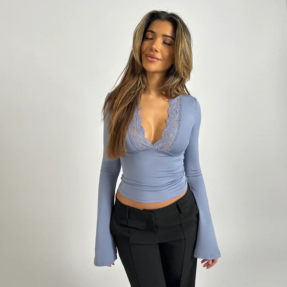 Dames top met kant – elegant lang mouw shirt met V-hals en aangesloten pasvorm