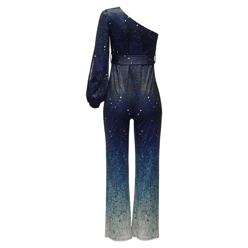 Retro disco outfit dames – one shoulder jumpsuit met wijde ombre broek