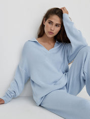 SEMNA cozy lounge set – ivoor relax pak met col en wide-leg broek
