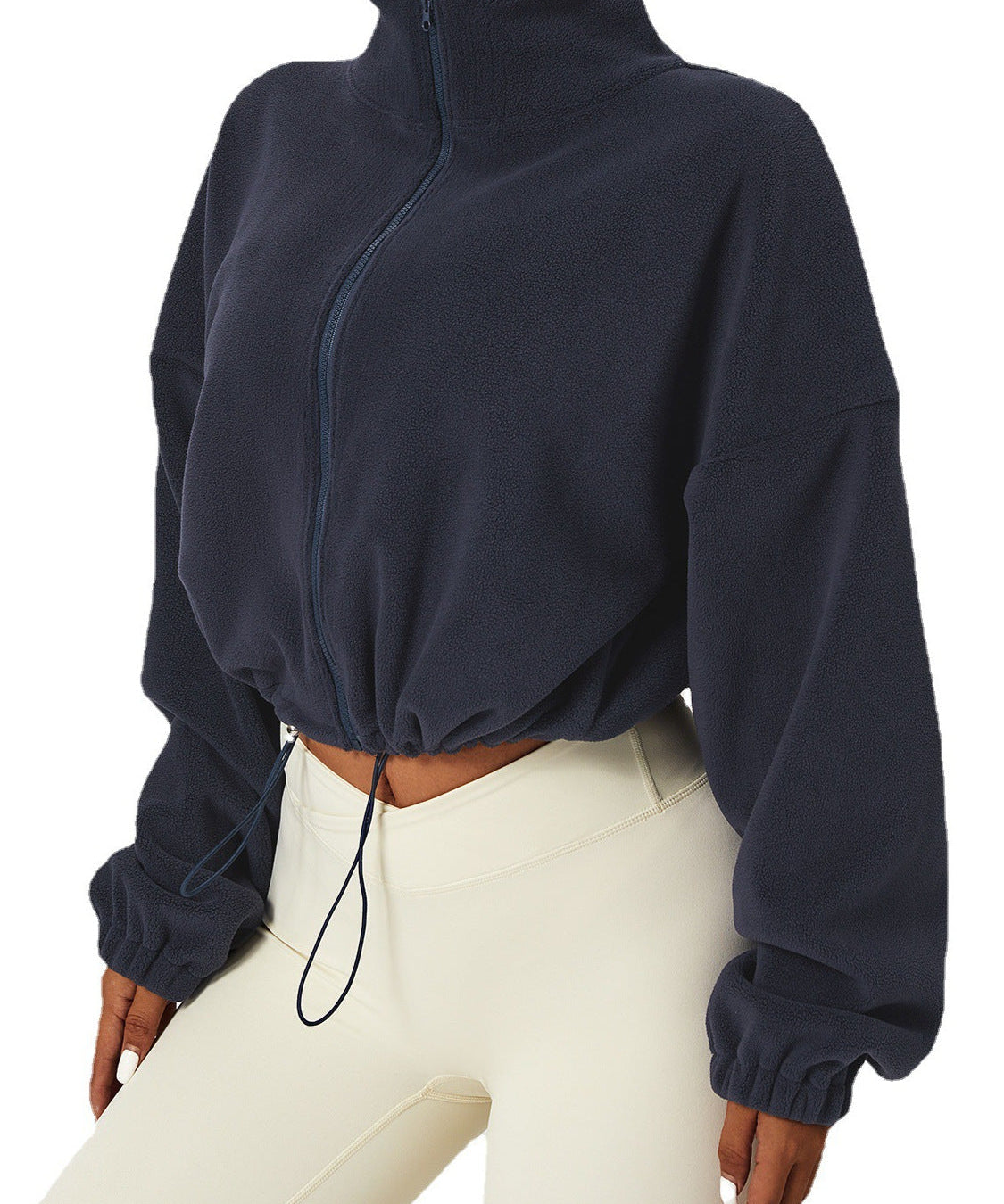 Dames Cropped Fleece Jas – Trendy Losse Pasvorm met Opstaande Kraag & Trekkoordzoom