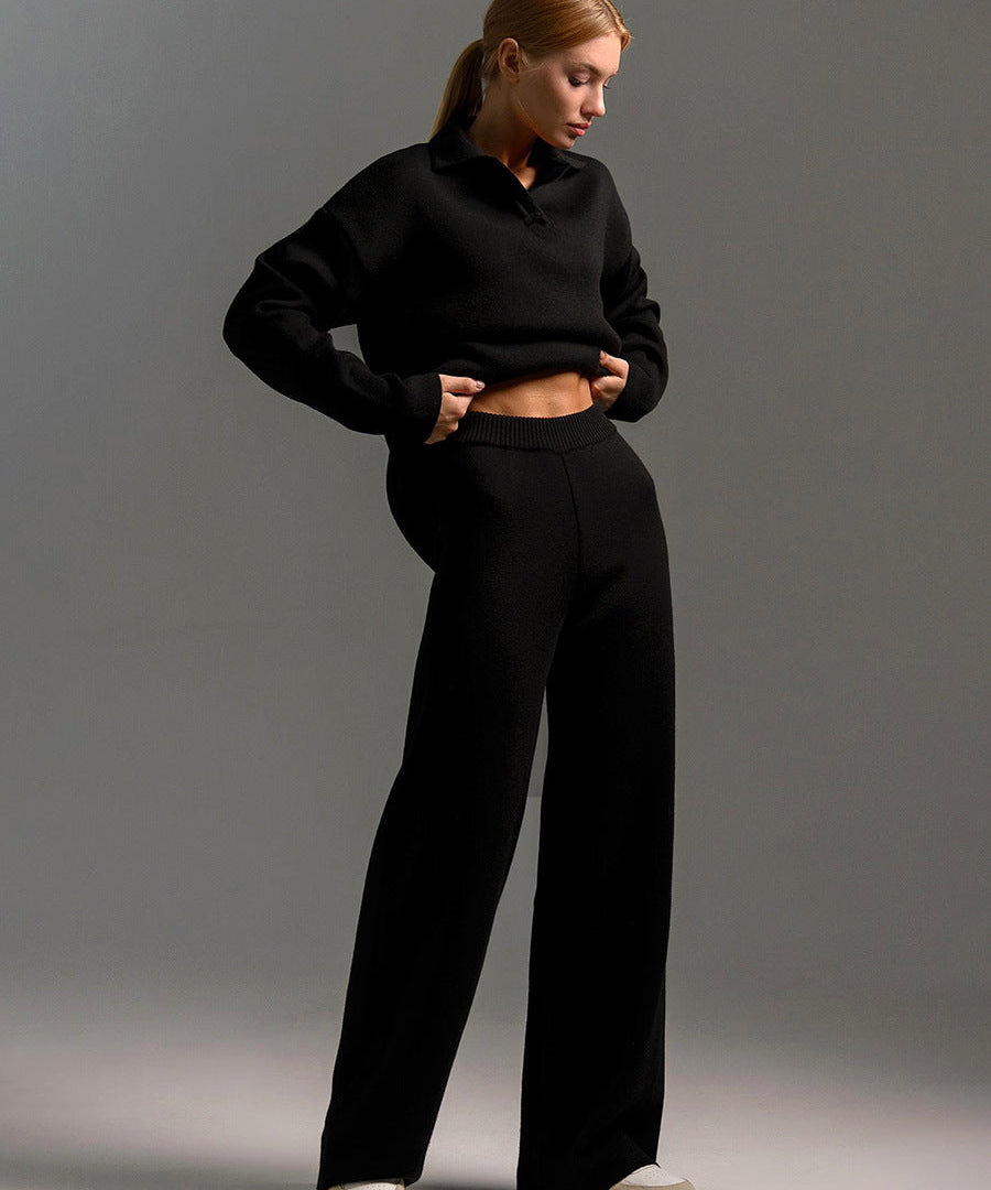 Dames Loungewear Set – Gebreide Tweedelige Set met Oversized Trui, Kraag & Wijde Broek