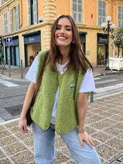 Ovelia dames bodywarmer – trendy wollen gilet met knopen en elegante V-hals