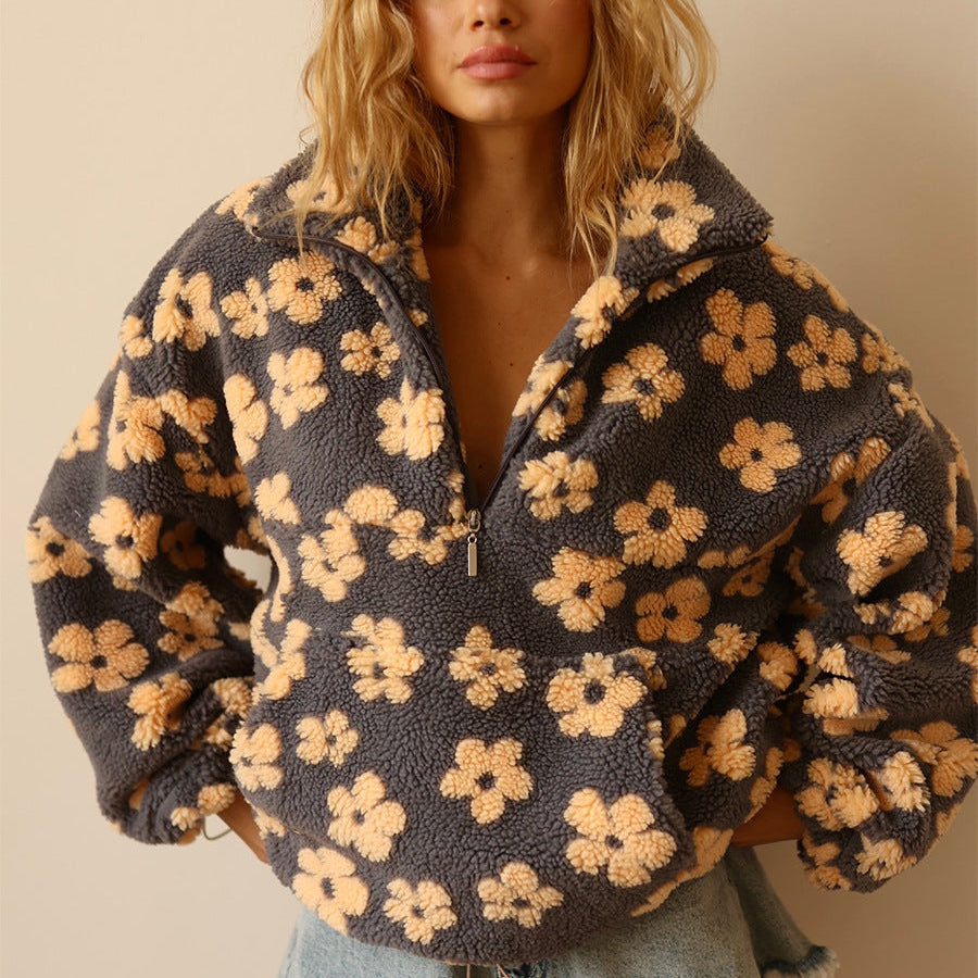 Dames fleece sweatshirt – warm zwart shirt met hoge kraag en grote zak