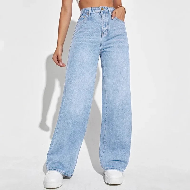High waist wide leg jeans dames – minimalistische straight fit spijkerbroek