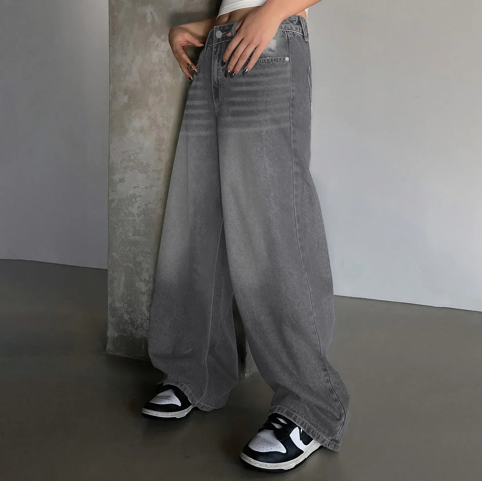 Baggy wide leg jeans dames – high waist oversized jeans in grijs, zwart & blauw