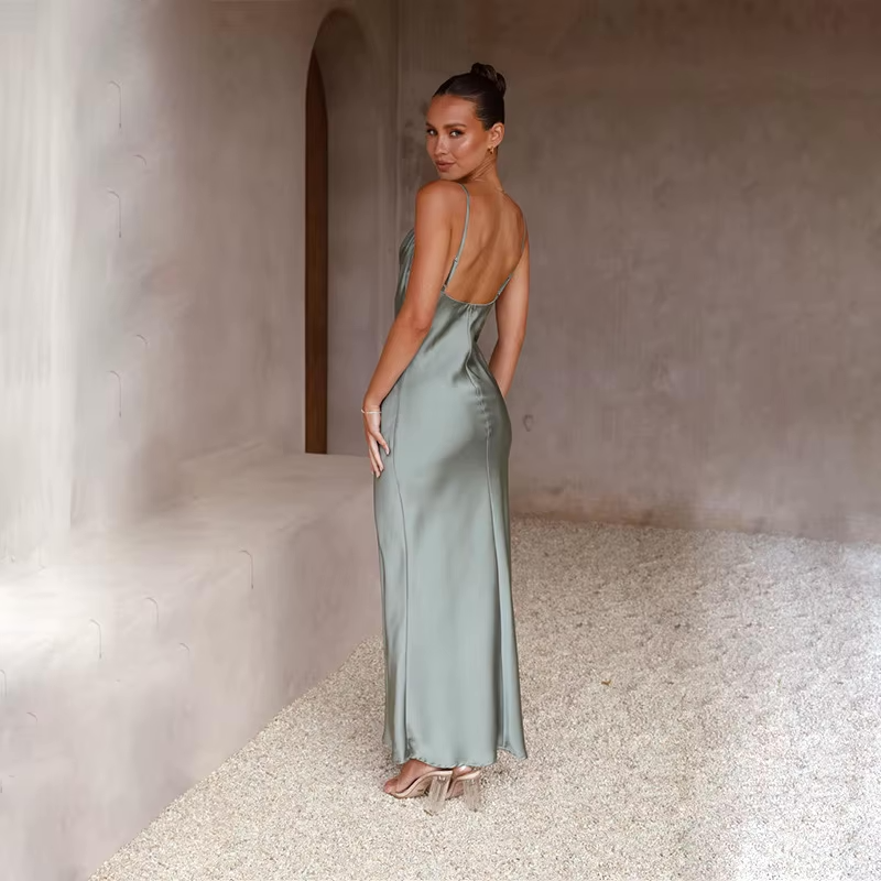 Elara satijnen maxi jurk dames – elegante avondjurk met lage rug & cowl hals