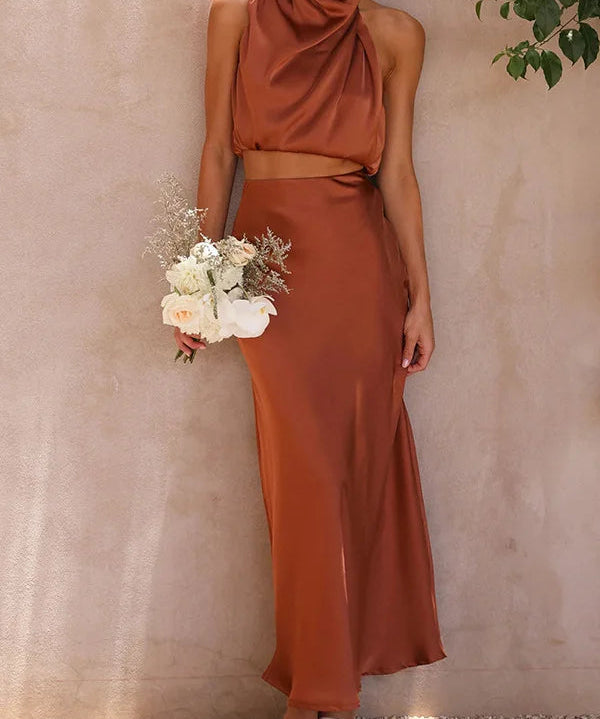 Satijnen Co-ord Set – Chique Halter Crop Top en Maxi Rok voor Feestelijke Gelegenheden