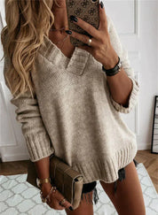 Zachte dames trui met V-hals – gebreide sweater voor herfst en winter