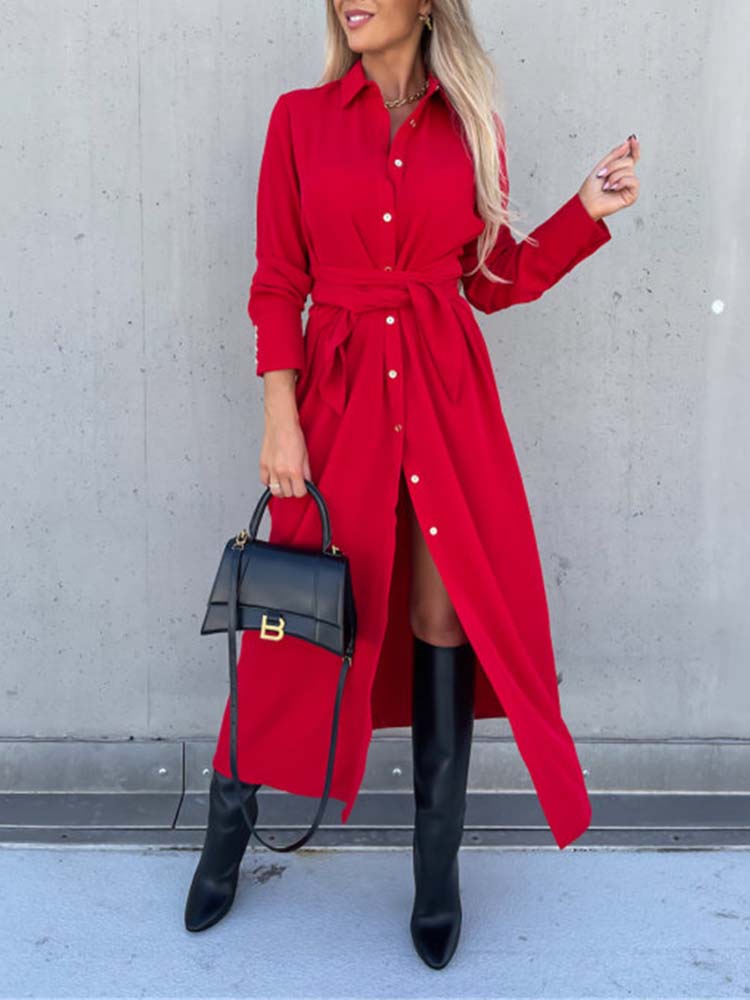 Dames Overhemdjurk – Lange Mouwen Jurk met Kraag en Losvallende Pasvorm