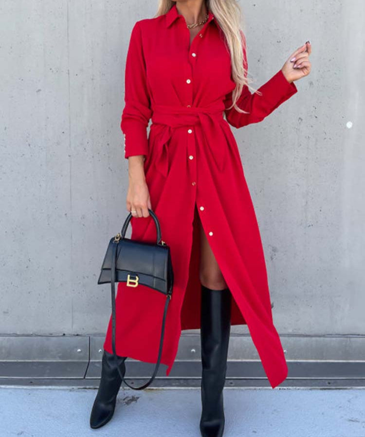 Dames Overhemdjurk – Lange Mouwen Jurk met Kraag en Losvallende Pasvorm