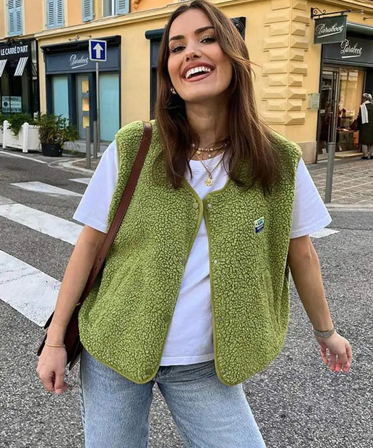 Ovelia dames bodywarmer – trendy wollen gilet met knopen en elegante V-hals