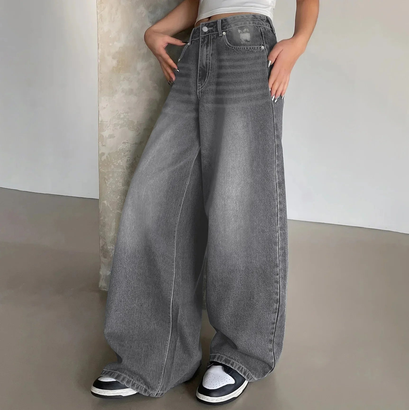Baggy wide leg jeans dames – high waist oversized jeans in grijs, zwart & blauw