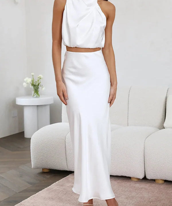 Satijnen Co-ord Set – Chique Halter Crop Top en Maxi Rok voor Feestelijke Gelegenheden