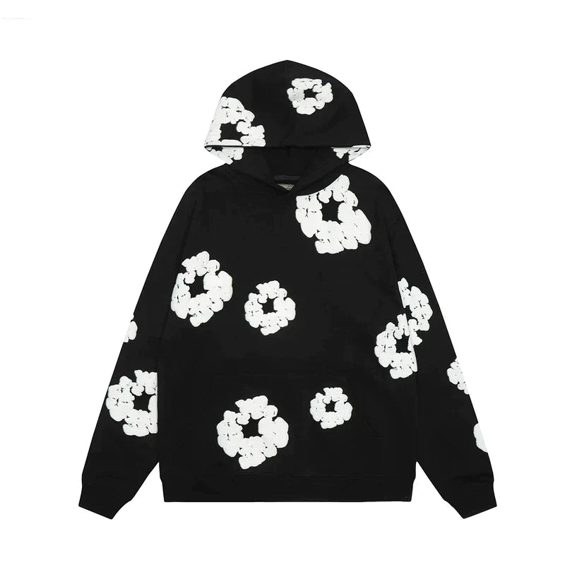 Zwarte hoodie met bloemenprint | Unisex hoodie met ruime zak en casual draagcomfort