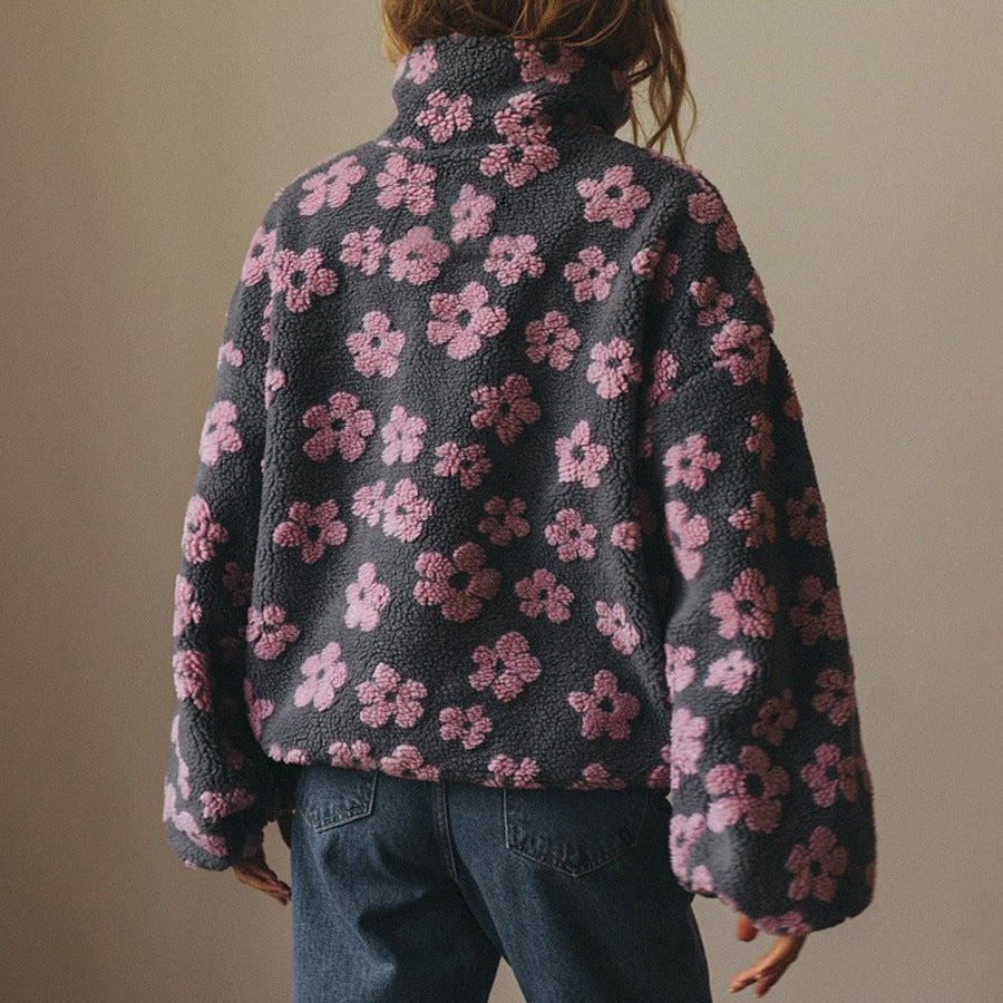 Dames fleece sweatshirt – warm zwart shirt met hoge kraag en grote zak