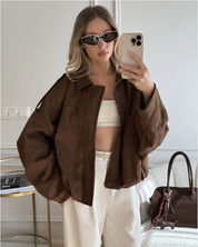 Dames suède jas – oversized leren jas met zachte voering en moderne city-look