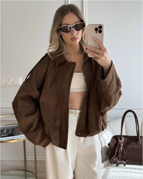 Dames suède jas – oversized leren jas met zachte voering en moderne city-look