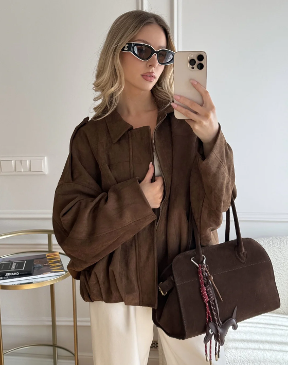 Dames suède jas – oversized leren jas met zachte voering en moderne city-look