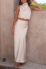 Satijnen Co-ord Set – Chique Halter Crop Top en Maxi Rok voor Feestelijke Gelegenheden