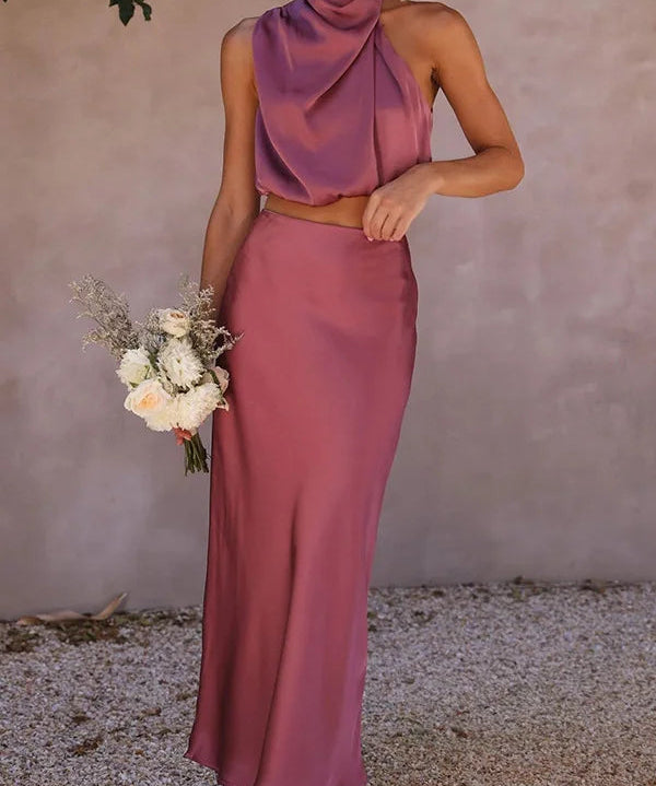 Satijnen Co-ord Set – Chique Halter Crop Top en Maxi Rok voor Feestelijke Gelegenheden
