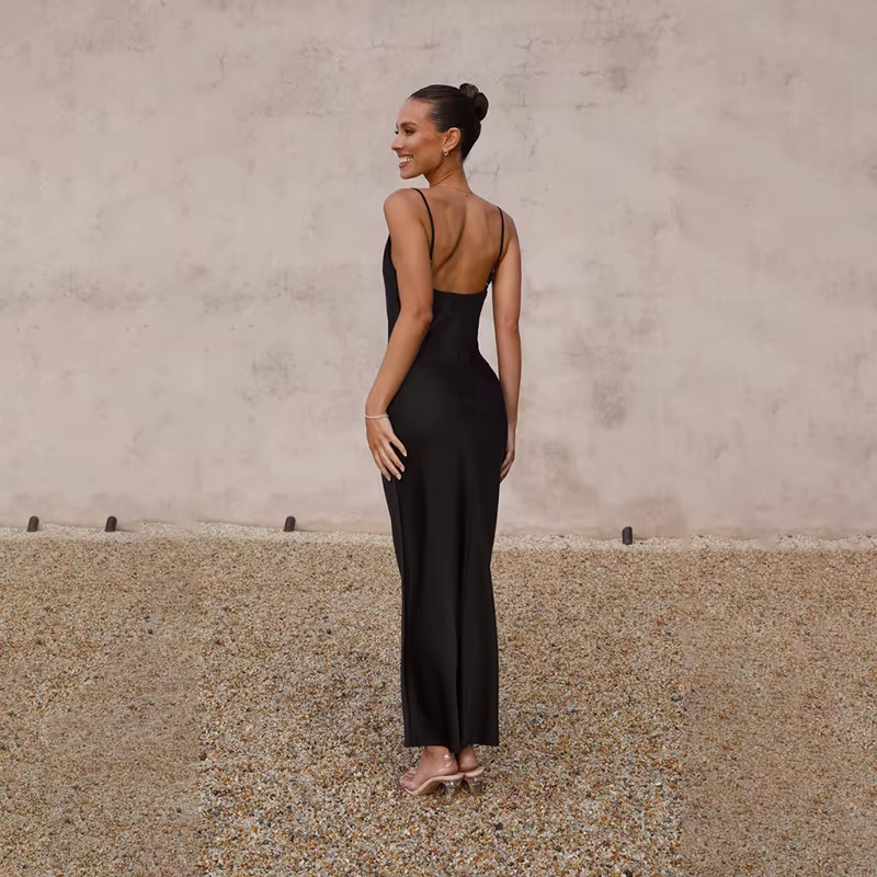 Elara satijnen maxi jurk dames – elegante avondjurk met lage rug & cowl hals