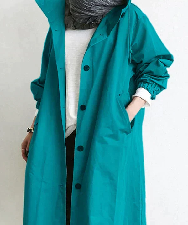 Regenjas voor Dames – Waterafstotende Jas met Capuchon, Knoopsluiting & Losse Pasvorm