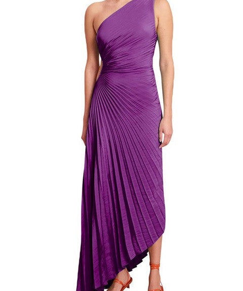 Delfina Geplooide Maxi-Jurk Dames – Elegante One-Shoulder Jurk met Schuine Kraag