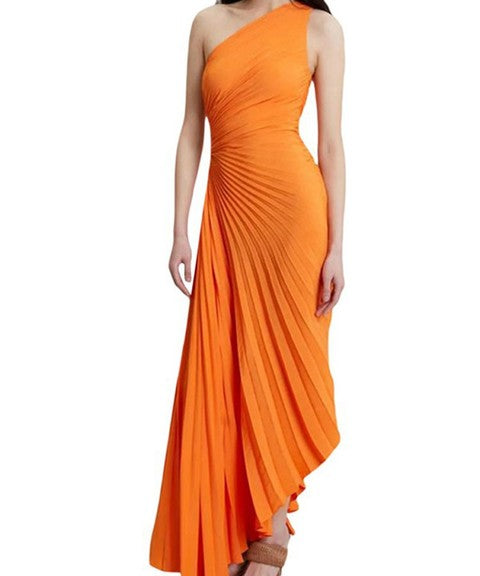 Delfina Geplooide Maxi-Jurk Dames – Elegante One-Shoulder Jurk met Schuine Kraag